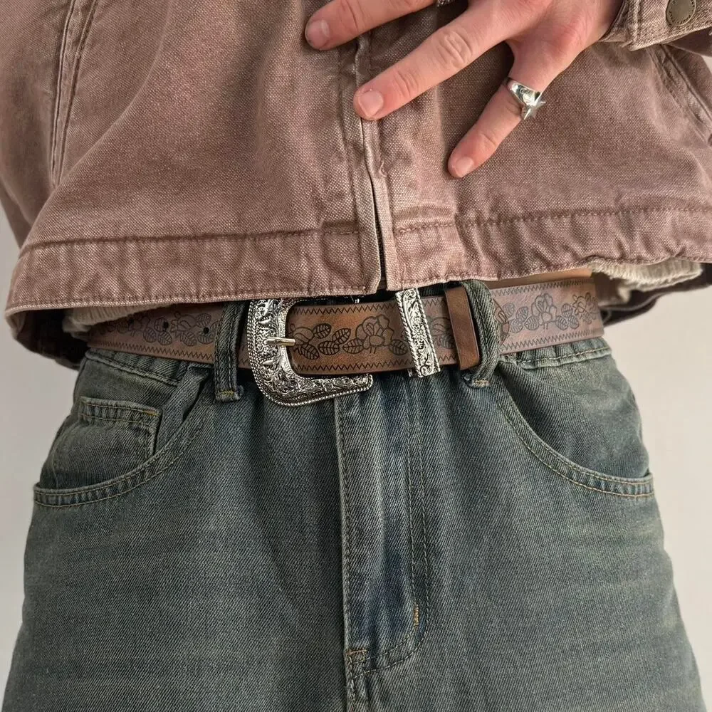 vintage style brown and silver engraved western simple design belt